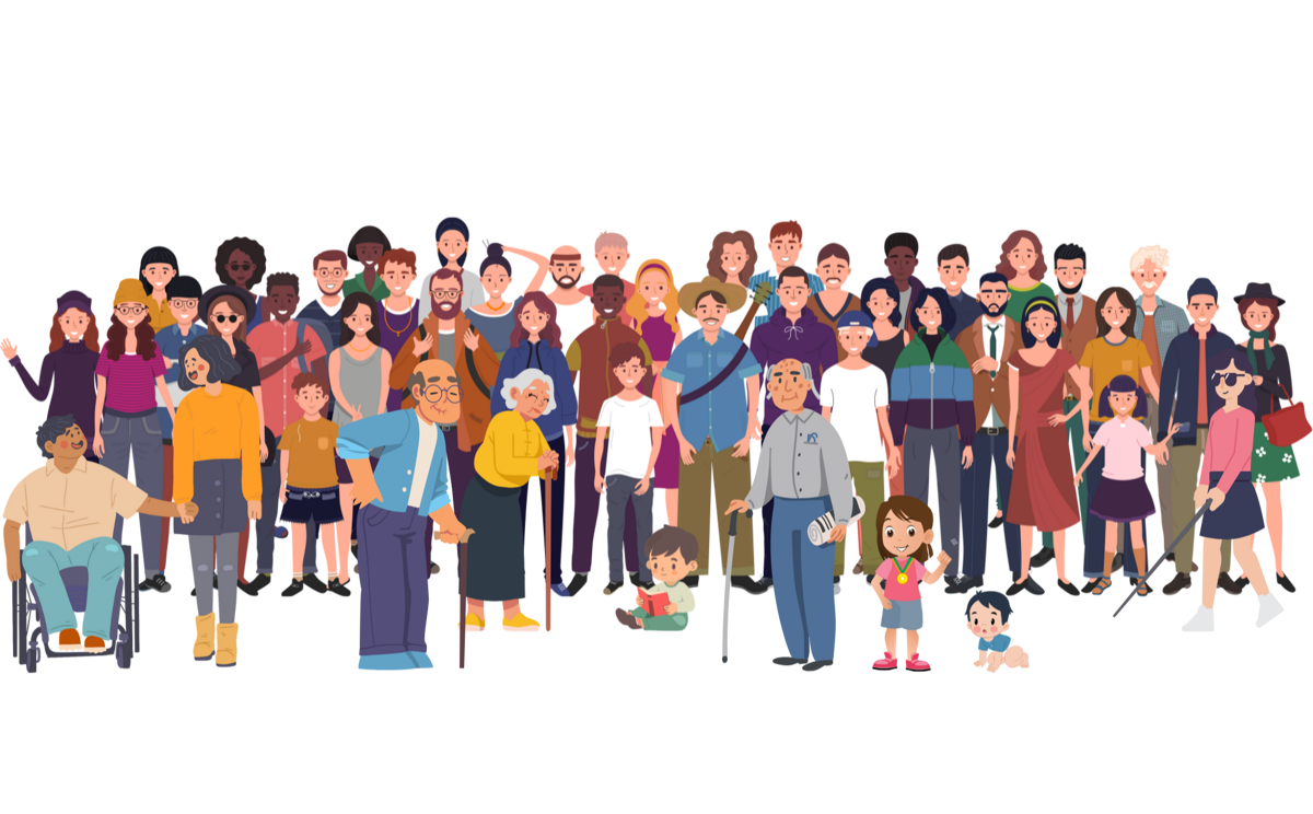 Illustrazione di un gruppo numeroso di persone di ogni età e abilità: bambini, adulti, anziani, persone con bastone e in carrozzina, l'una accanto all'altra